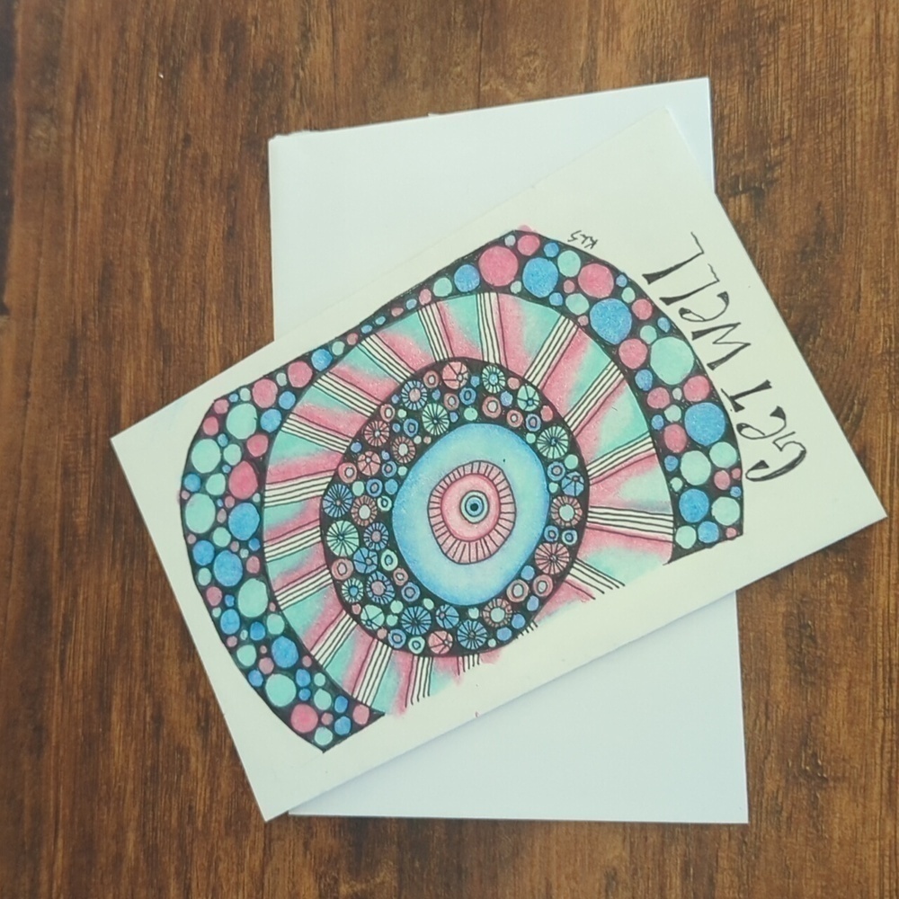 🌻 5/$20 Handmade Zentangle Card- Blue, Pink & Black- Get Well/Sympathy Card